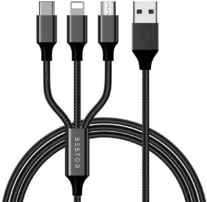 Bestor USB Type C Cable 2 A 1.2 m Multi Charging Cable 4ft 3 in 1 Nylon Braided Multiple USB Fast Charging Cable for Android, iOS and Type C Devices USB Port Connectors Compatible Smart Phones & Tablets And More (Black) (Compatible with SMART PHONE, IOS, ANDROID, Black, One Cable)